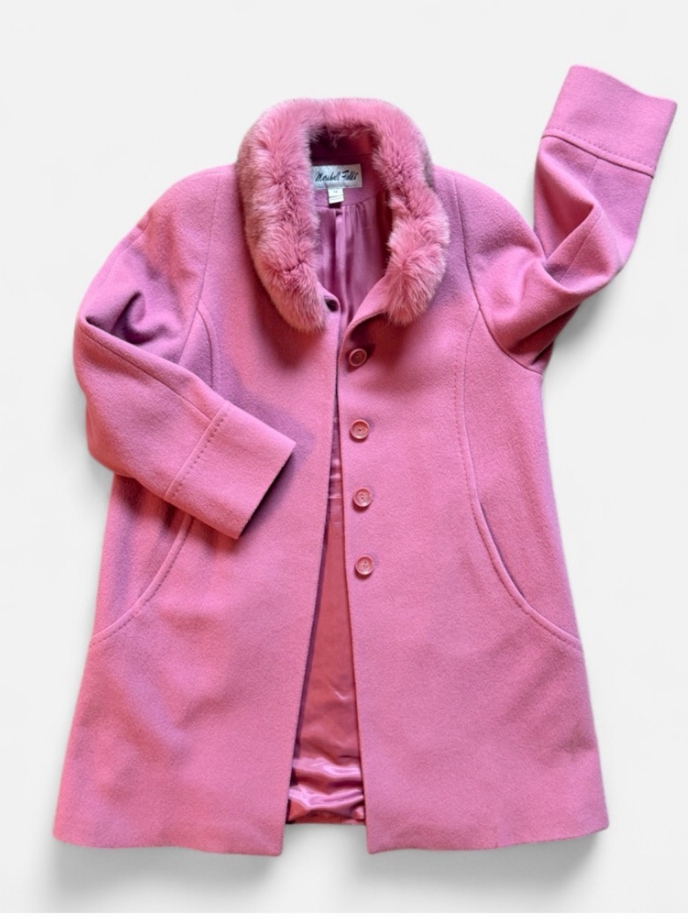 RARE Vintage Marshall Field’s Pink Wool Coat • Genuine Fox Fur • Size 14